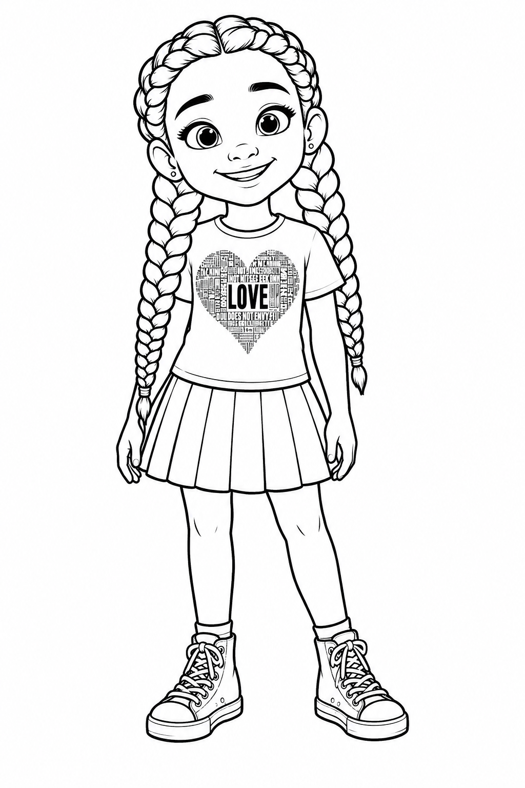 Coloring page of Seraiah in a LOVE heart shirt, ready to color