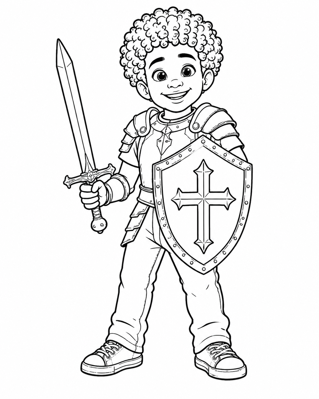 Coloring page of Amaziah in armor holding a sword and cross shield, ready to color